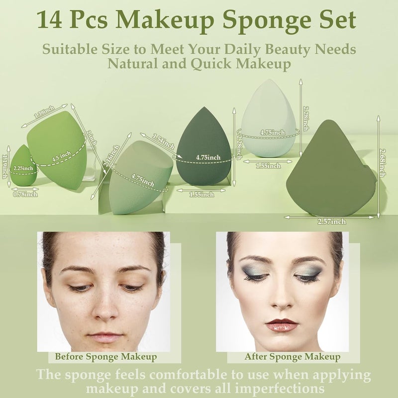 AuraRay 14 Pcs Makeup Sponge Set, Beauty Sponges Blender with 4 Pcs Powder Puff and 4 Pcs Mini Make up Sponges St. Patrick's Day Gift for Liquid,Foundation,Powder,Concealer,Cream (Green) - Image 2